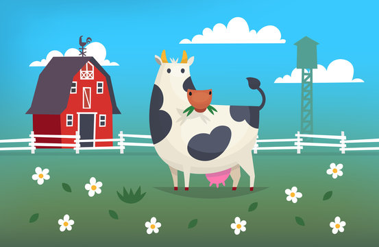 Card illustration with a cow eating grass on a farm near red barn. Vector illustration