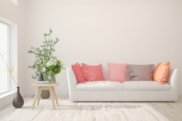 White stylish minimalist room with sofa and coral pillows. Scandinavian interior design. 3D illustration