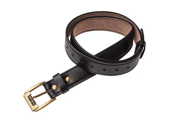 black leather belt with metal buckle isolated on white back