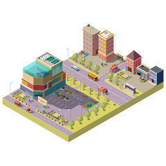 Vector 3d isometric city center - a shopping mall, supermarket with parking area and living multistorey modern buildings. Road with traffic, cars, bus stop. Architecture, cityscape concept.