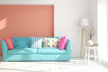 White stylish minimalist room with sofa. Scandinavian interior design. 3D illustration