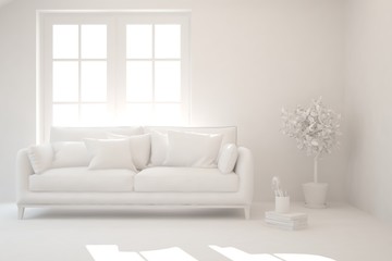 Stylish minimalist room with sofa in white color. Scandinavian interior design. 3D illustration