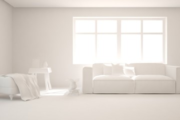 Stylish minimalist room with sofa in white color. Scandinavian interior design. 3D illustration