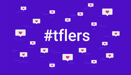 Hashtag tflers concept vector illustration of cloud of flying hearts symbols. Tag for likes flat design for social media