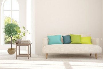 White stylish minimalist room with colorful sofa. Scandinavian interior design. 3D illustration