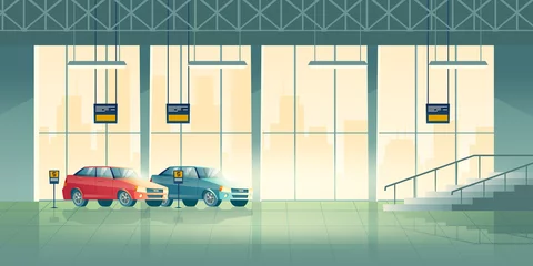 Fotobehang Modern sedan new models standing, waiting for buyers in exhibition hall, dealer center or salon cartoon vector background. Car shop interior illustration. Automobile industry advertising background © vectorpocket