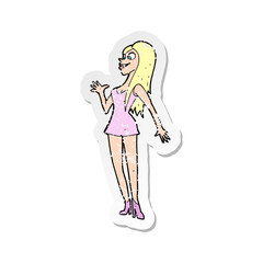 retro distressed sticker of a cartoon woman in pink dress