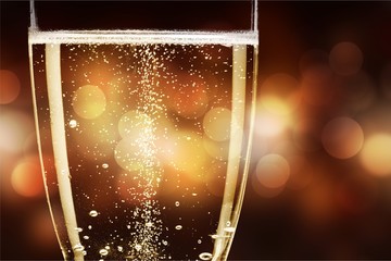 Close up Champagne bubbles in glass on black background