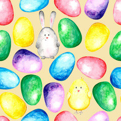Watercolor seamless pattern with colorful easter eggs (red, yellow, green, blue and purple) and easter buny/rabbit and easter chicken on light pink (apricot) background. Isolated. Illustration. Easter