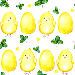 Watercolor seamless easter pattern with bright yellow eggs and yellow chickens (egg shaped) on white background with green leaves of strawberry and yellow dots. Happy easter. Illustration.