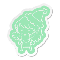 cartoon  sticker of a crying elf girl wearing santa hat