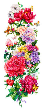 Flowers. Hydrangeas and peonies. Watercolor botanical illustrations