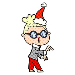 comic book style illustration of a woman wearing spectacles wearing santa hat