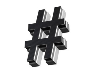 Hashtag sign - steel and carbon extruded symbol isolated on white background