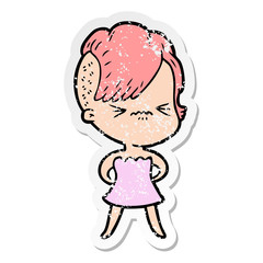 distressed sticker of a cartoon annoyed hipster girl