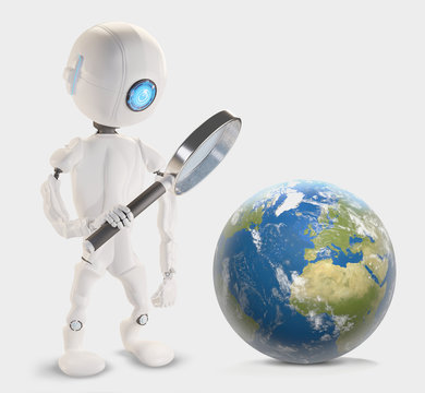 Robot with magnifying glass and planet earth 3d-illustration. Elements of this image furnished by NASA