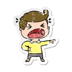 distressed sticker of a cartoon shouting man pointing finger