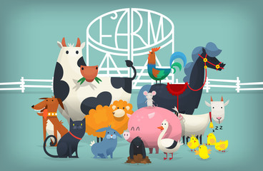 Vector illustration card with animals and birds standing near gates inviting to visit a farm yard.