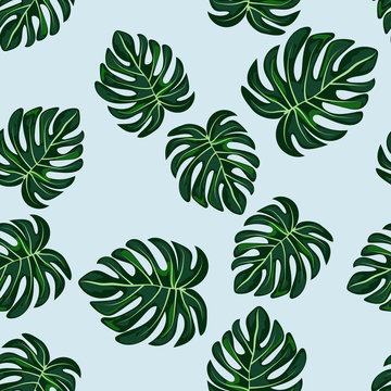 Blue tropical leaves monstera pattern. Tropical seamless pattern with leaf monstera. © Natallia