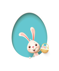 Easter bunny in a egg shaped blue hole with a basket filled with decorated eggs - isolated on white