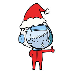 line drawing of a pretty astronaut girl giving thumbs up wearing santa hat