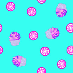 Sweet cupcake vector seamless pattern.Orange and lime slices.