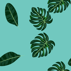 Green Tropical Leaves Seamless Pattern.Monstera leaves and palm trees.