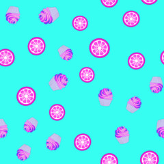 Sweet cupcake vector seamless pattern.Orange and lime slices.