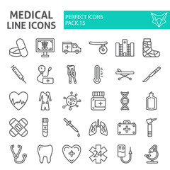 Medical line icon set, hospital symbols collection, vector sketches, logo illustrations, medicine signs linear pictograms package isolated on white background.
