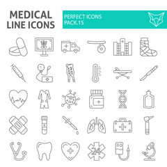 Medical thin line icon set, hospital symbols collection, vector sketches, logo illustrations, medicine signs linear pictograms package isolated on white background.