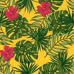 Zelfklevend Fotobehang Tropische bladeren en bloemen patroon. Hawaiiaans naadloos patroon met tropische planten. © Natallia