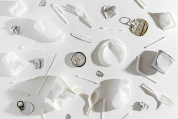 Food  plastic packaging  on  white background. Concept of Recycling plastic and ecology. Flat lay, top view