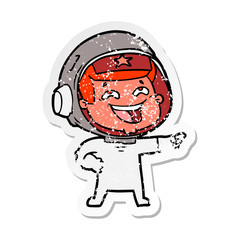 distressed sticker of a cartoon laughing astronaut