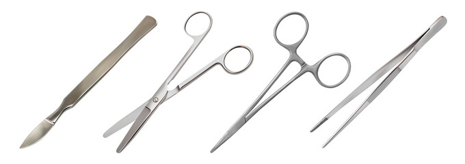 Surgical instrument set. All-metal abdominal reusable scalpel, straight scissors, mosquito clamp, anatomical tweezers. Realistic isolated objects on white background. Vector illustration
