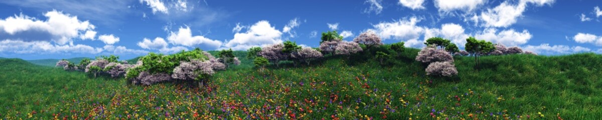 Panorama of a flower meadow, flower hills view, grass and flowers under a blue sky, flowering slope under the sun, hills in flowers, green hills with flowers