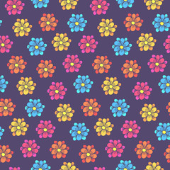 Fototapeta na wymiar Cute floral seamless pattern with colorful daisy flowers. Childish contrast scandinavian texture with gerbera blossoms on dark purple background for textile, wrapping paper, surface, wallpaper