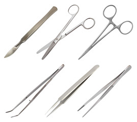 A set of surgical instruments. Different types of tweezers, all-metal reusable scalpel, clip with fastener, straight scissors with rounded ends. Realistic isolated objects on white background. Vector