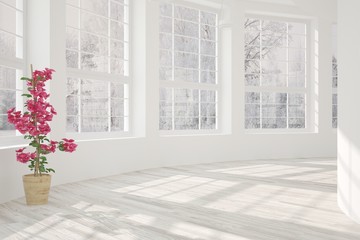 White stylish empty room with winter landscape in window. Scandinavian interior design. 3D illustration