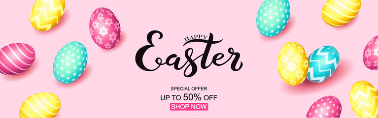 Hand sketched Happy Easter text, sale tag. Hand drawn Easter sale special offer poster, online shopping banner template, lettering typography. Motivational text with egg frame on pink background