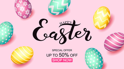 Hand sketched Happy Easter text, sale tag. Hand drawn Easter sale special offer poster, online shopping banner template, lettering typography. Motivational text with egg frame on pink background