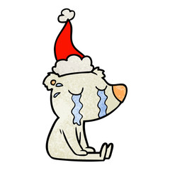 textured cartoon of a crying sitting polar bear wearing santa hat