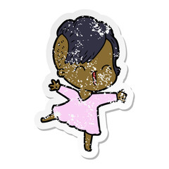 distressed sticker of a cartoon happy hipster girl