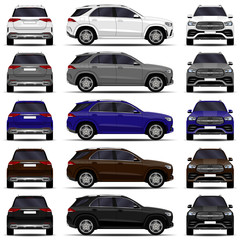 realistic SUV cars set. front view; side view; back view.
