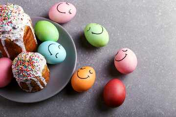 Easter colored eggs and Easter bread. Festive preparation for a card.