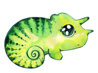 Chameleon cute child reptile kawaii watercolor isolated