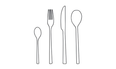 Vector  Line Art illustration - small spoon, fork, knife, big spoon