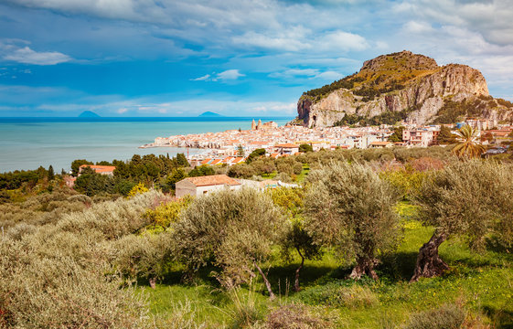 An impressive view of the famous resort Cefalu. Location place Tempio di Diana, Sicilia, Italy.