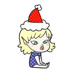 pretty comic book style illustration of a elf girl wearing santa hat