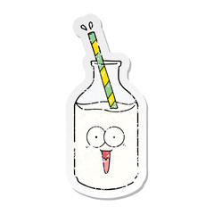 distressed sticker of a happy carton milk bottle with straw