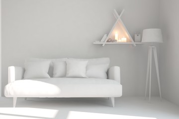 Stylish minimalist room with sofa in white color. Scandinavian interior design. 3D illustration